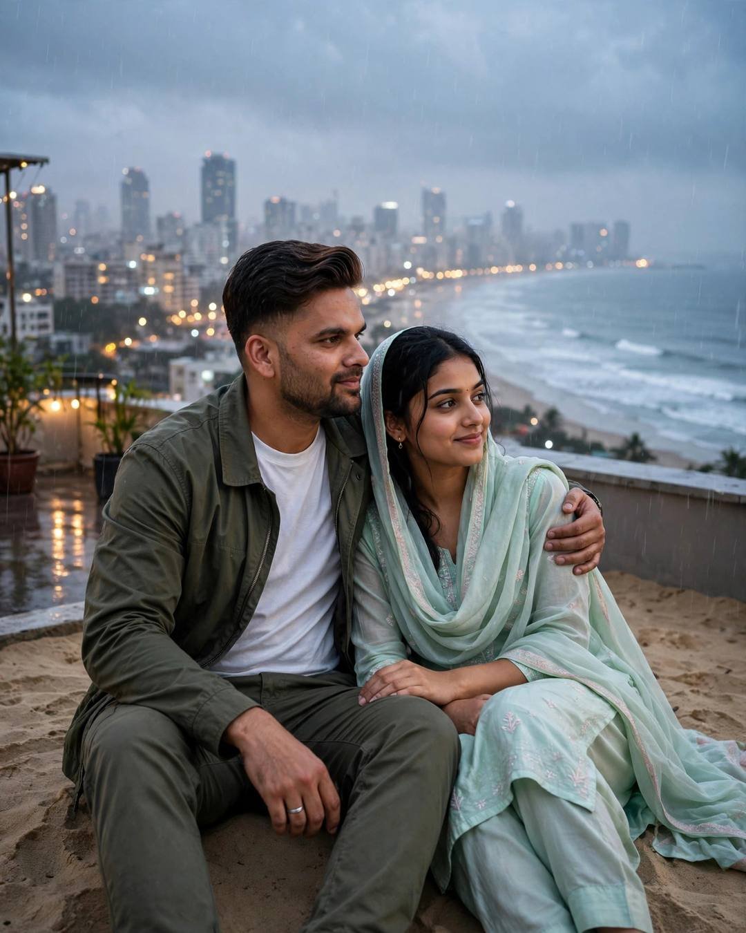 Couple sitting on sand with his arm around her, city lights and sea behind them in the drizzle
