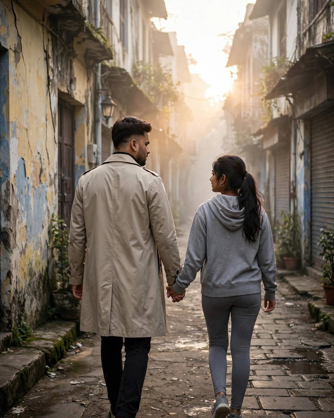 Couple walking hand in hand away from the camera down a foggy old-city lane toward golden light