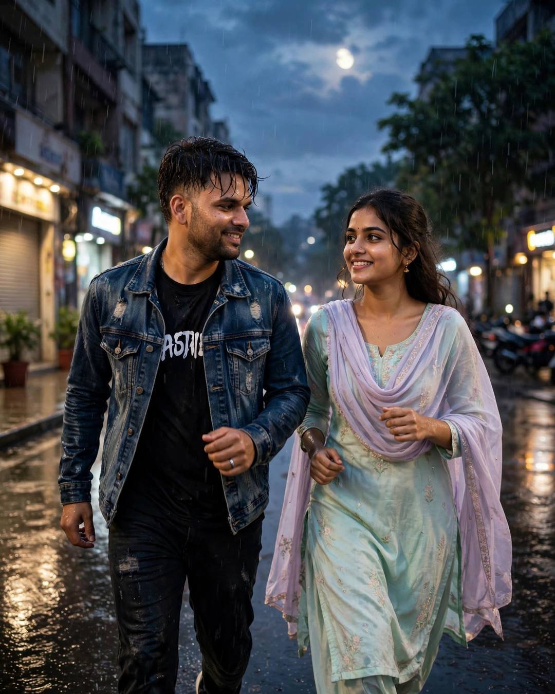 Couple running toward each other laughing on a rain-soaked city street at night under the moon