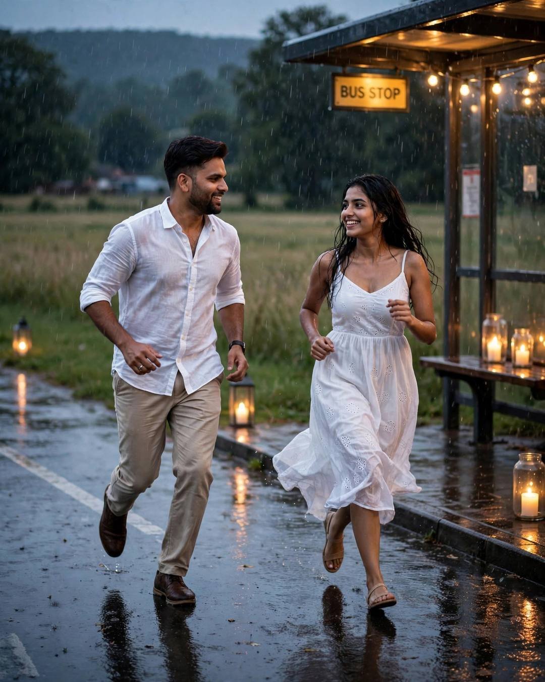 Couple running together laughing on a rain-wet road past a candlelit bus stop at dusk