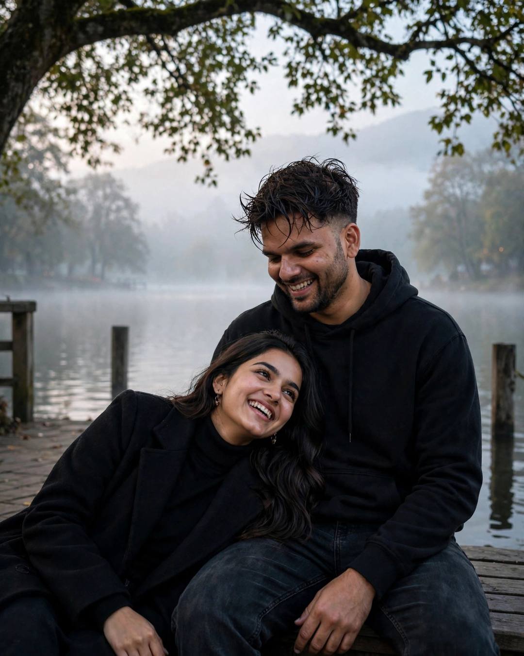 Young Indian couple in black laughing softly under a tree on a quiet lake pier at dawn