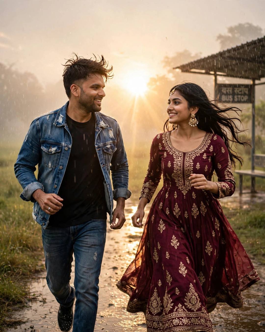 Young Indian couple running laughing toward each other across a rain-wet field at golden hour, woman in maroon anarkali