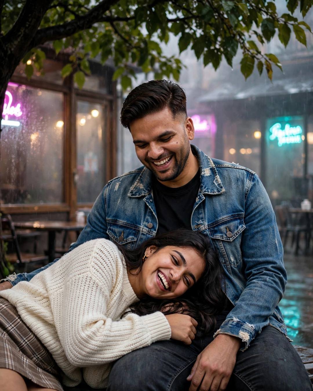 Young Indian couple laughing softly under a tree outside an old cafe at night, her head in his lap, neon pink and cyan light