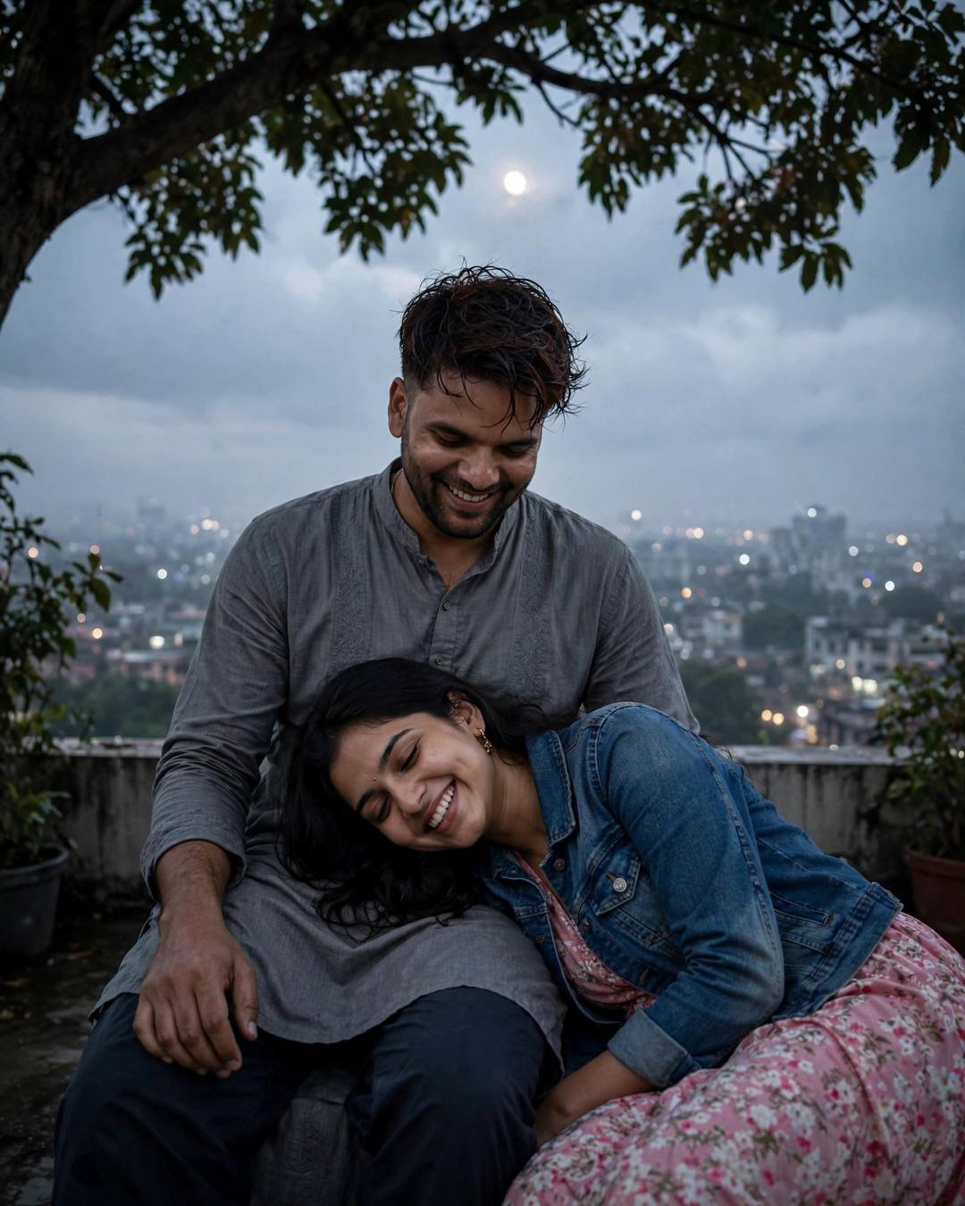 Young couple laughing softly on a rooftop at dawn, woman resting her head in the man's lap, city lights below