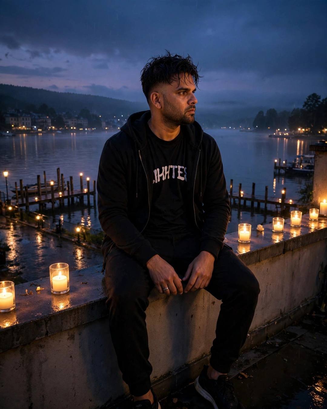 Young man in black streetwear sitting on a lake pier ledge at dusk, candles burning beside him