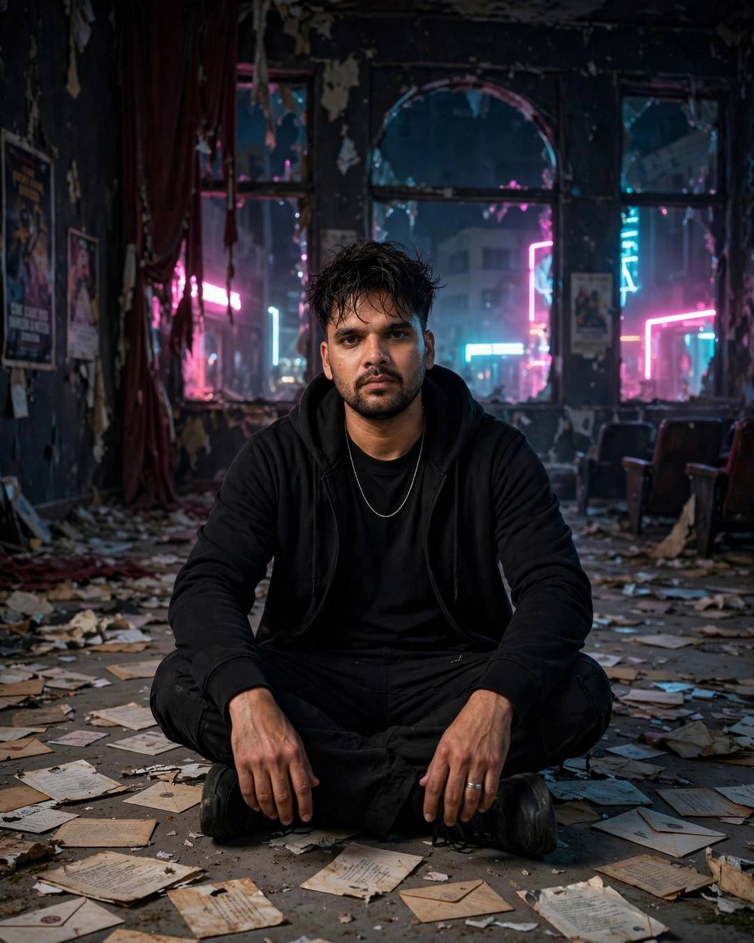 Young man in black streetwear sitting cross-legged among old letters in an abandoned neon-lit cinema hall