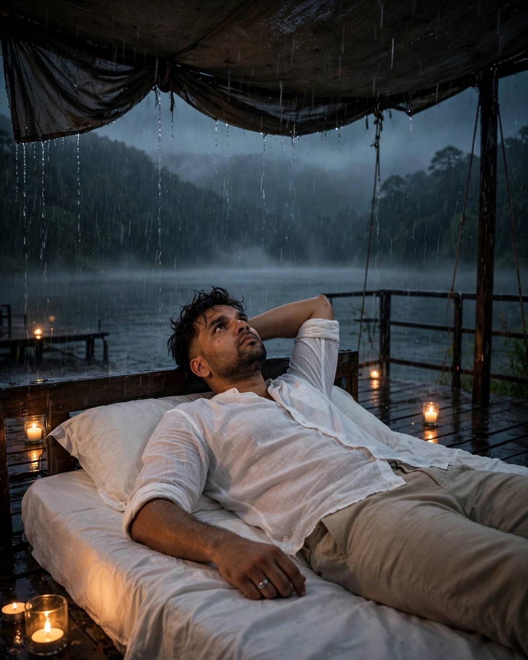 Young man in white linen shirt reclining on a daybed at a rain-lashed lake pier with candles