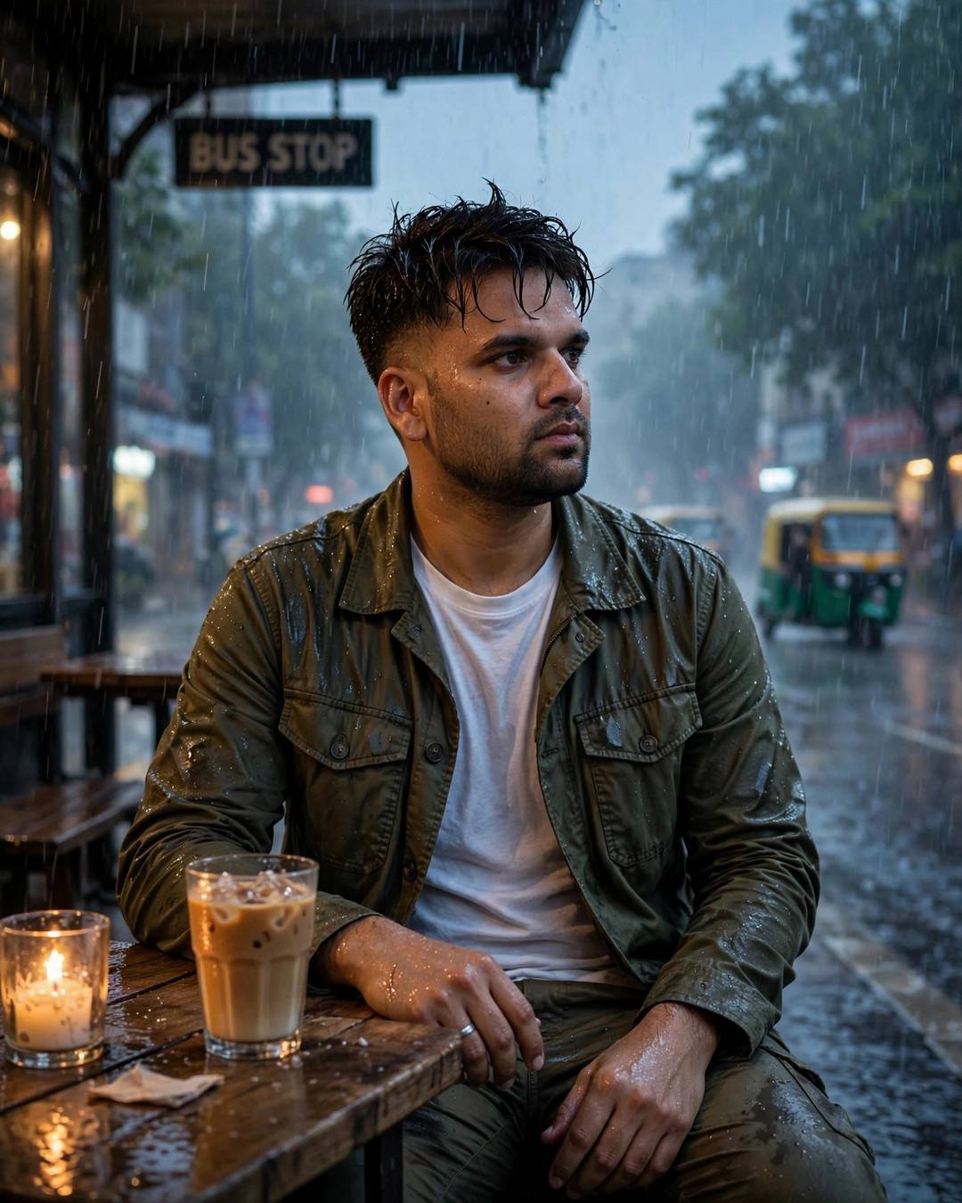 Young Indian man in olive field jacket sitting at a rainy bus stop cafe table with iced coffee and a candle, lost in thought