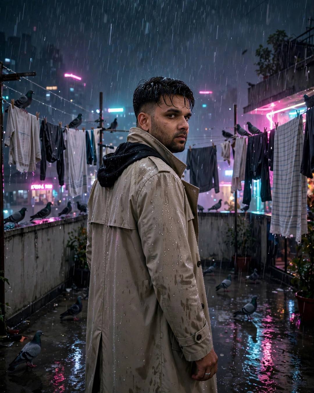 Young Indian man in beige trench coat walking away on a rainy midnight terrace with clotheslines and pigeons, glancing back, neon pink and cyan light