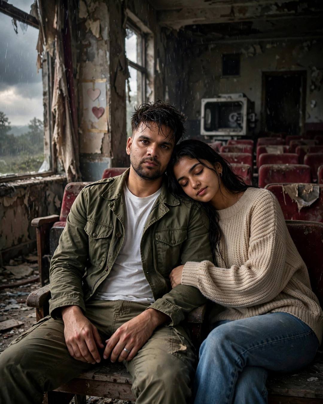 Young Indian couple sitting close in an abandoned cinema hall, her head resting on his shoulder, dramatic side light
