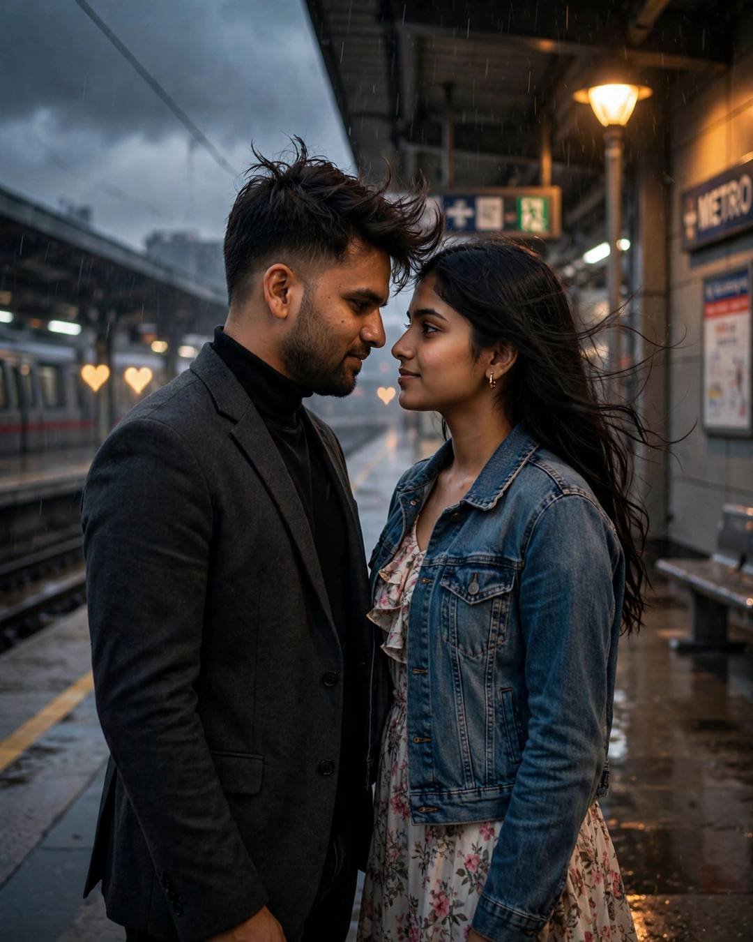 Young Indian couple standing face to face on a rainy metro platform, foreheads almost touching, warm sodium lamplight