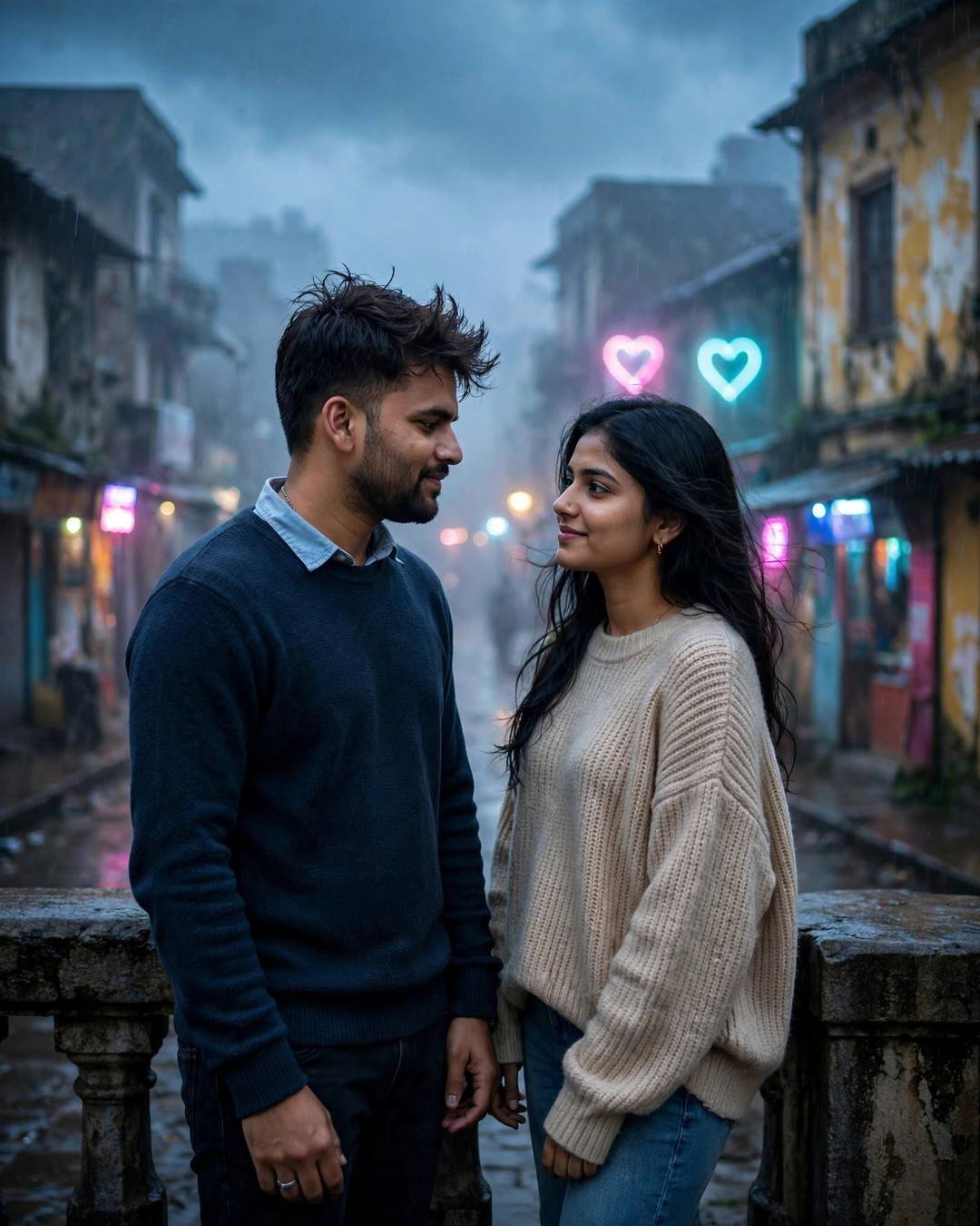Young Indian couple standing on a foggy bridge at blue hour looking at each other, neon pink and cyan hearts glowing behind them