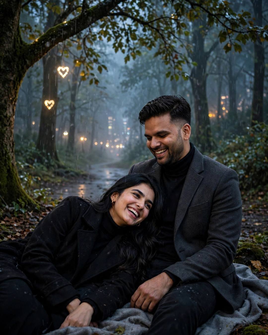 Young Indian couple laughing softly under a tree on a misty forest path, her head in his lap, heart-shaped lights in the trees
