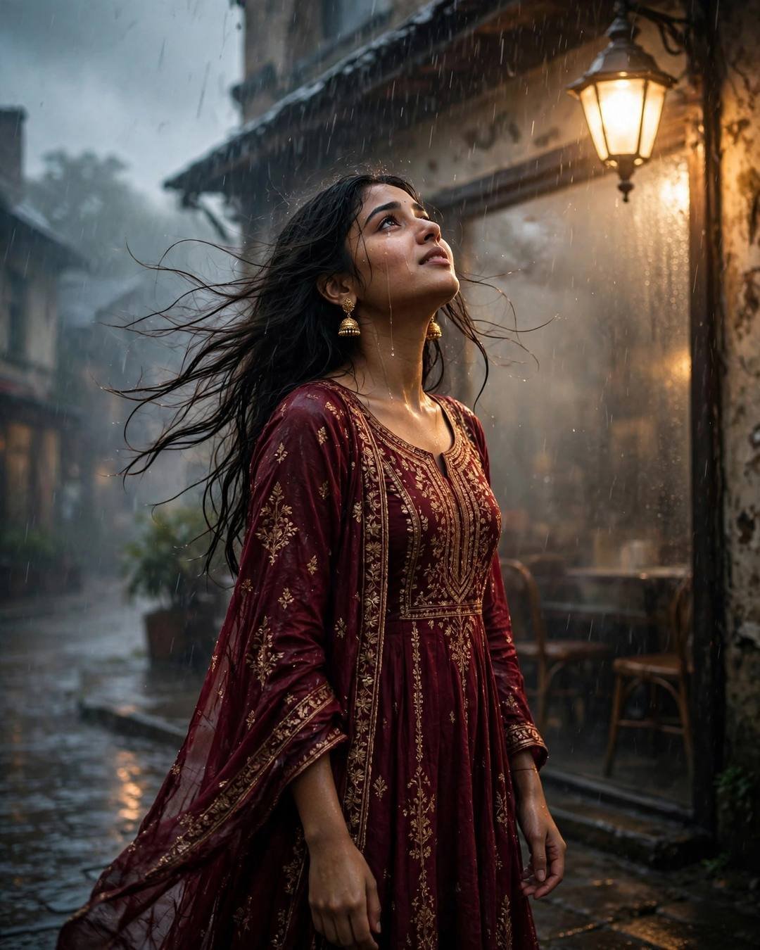 Young Indian woman in maroon anarkali with jhumkas standing under a streetlamp in the rain, face lifted to the sky