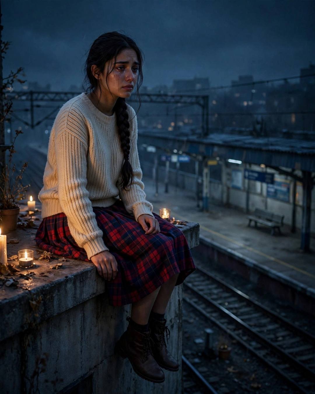Young Indian woman in cream knit top and red plaid skirt sitting on a rooftop ledge above an empty railway platform at night with candles