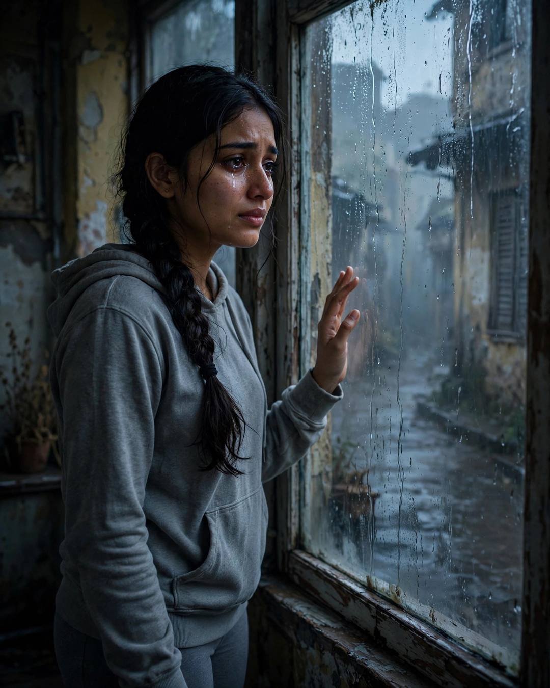 Young Indian woman in grey hoodie standing at a rain-streaked window with tears on her cheeks, hand on the glass, old-city lane outside