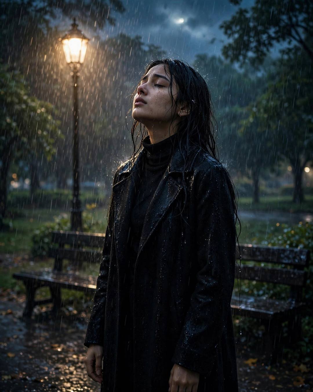 Young Indian woman in black turtleneck and long coat standing under a streetlamp in heavy monsoon rain, face lifted to the sky
