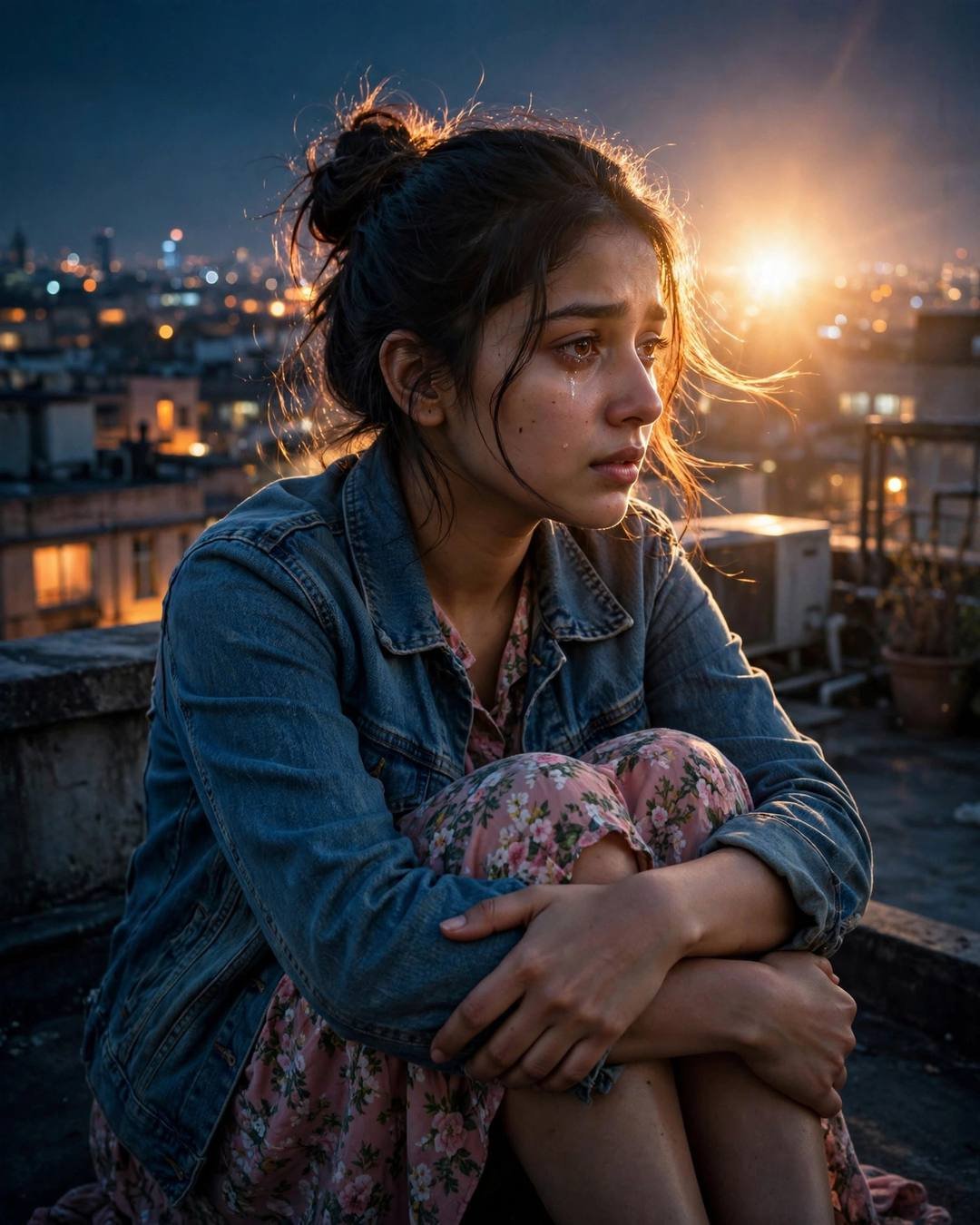 Young Indian woman in denim jacket and floral dress sitting on a rooftop overlooking a sleeping city, tears of laughter on her cheeks
