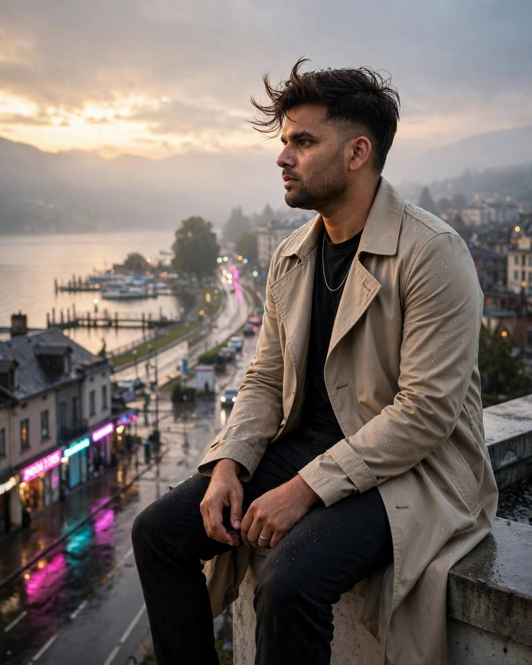 Young man in beige trench coat sitting on a rooftop ledge above a lake pier at golden hour, neon road below