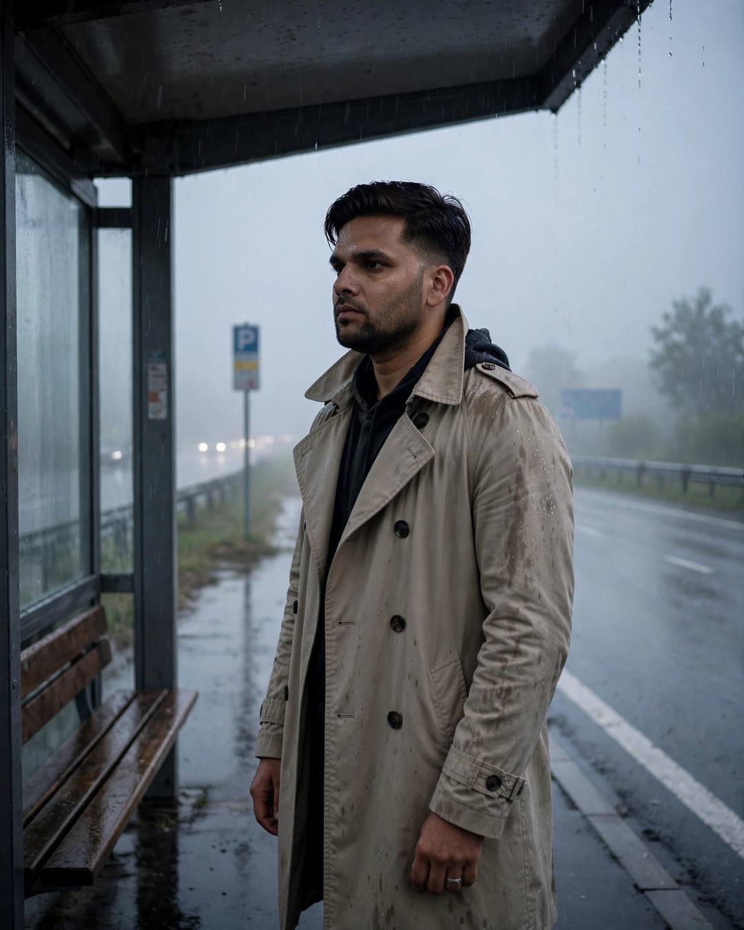 Young man in beige trench coat standing at a bus shelter in the rain, foggy road behind