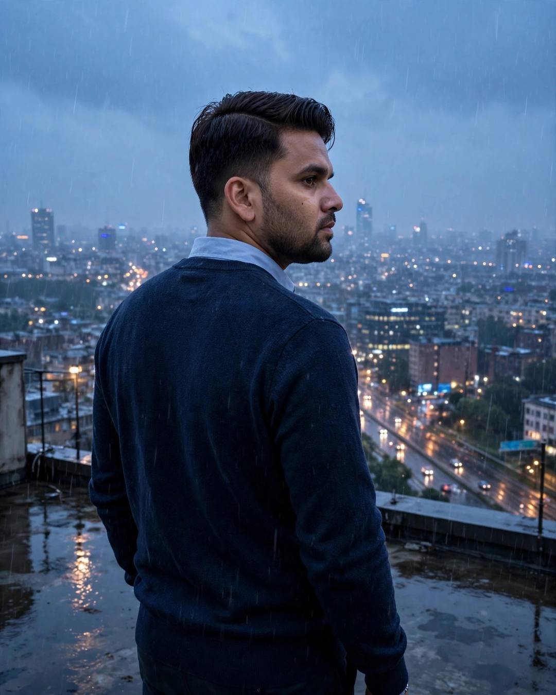 Young man in navy sweater on a rain-wet rooftop looking back over his shoulder at city lights