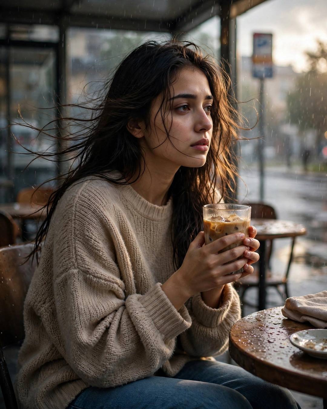 Young Indian woman in beige sweater sitting at a cafe table in the rain, cradling a cold coffee, lost in thought