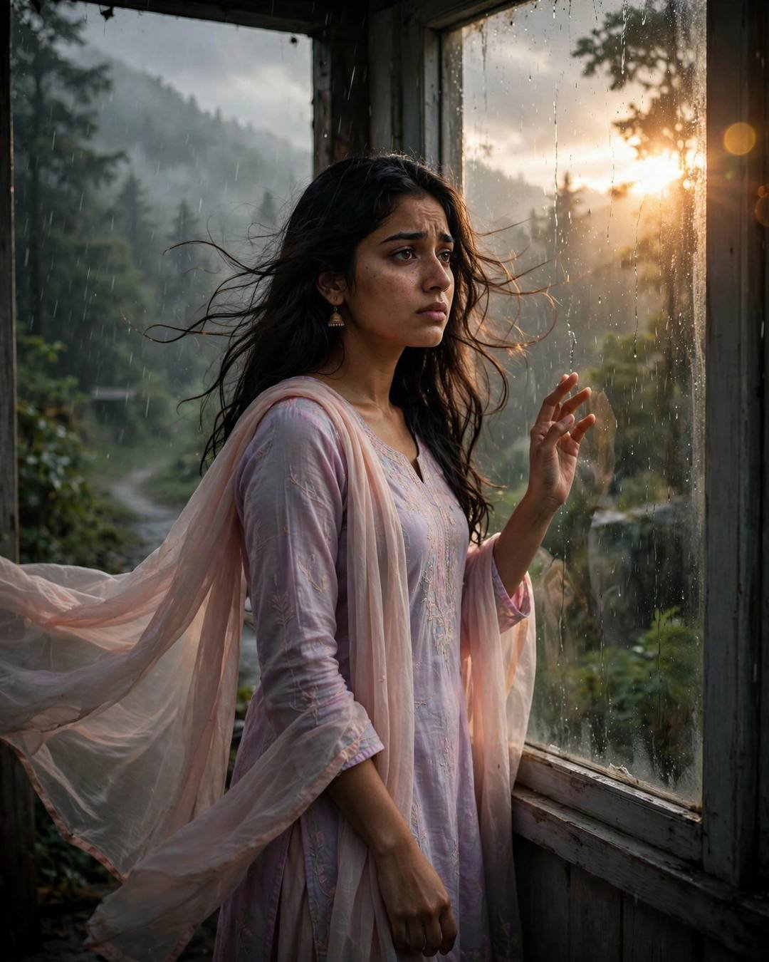Young Indian woman in pastel salwar-kameez with her hand on a rain-streaked window, misty forest path beyond, golden-hour light through drizzle