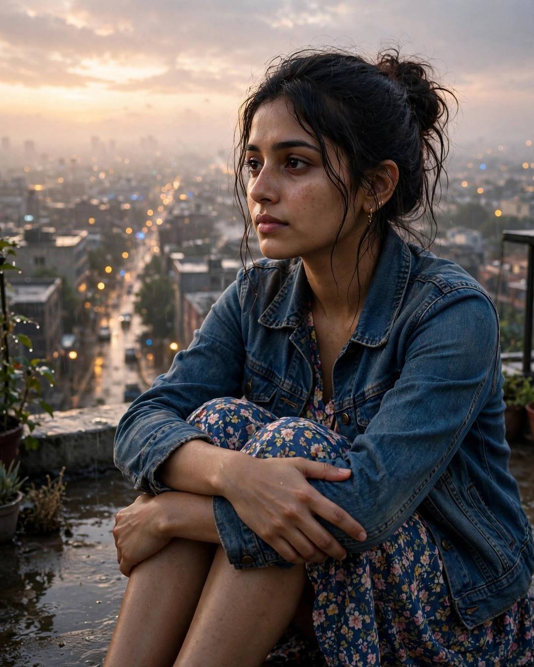 Young Indian woman in denim jacket over floral dress sitting on a rooftop at dawn, knees drawn up, city lights glowing through the rain