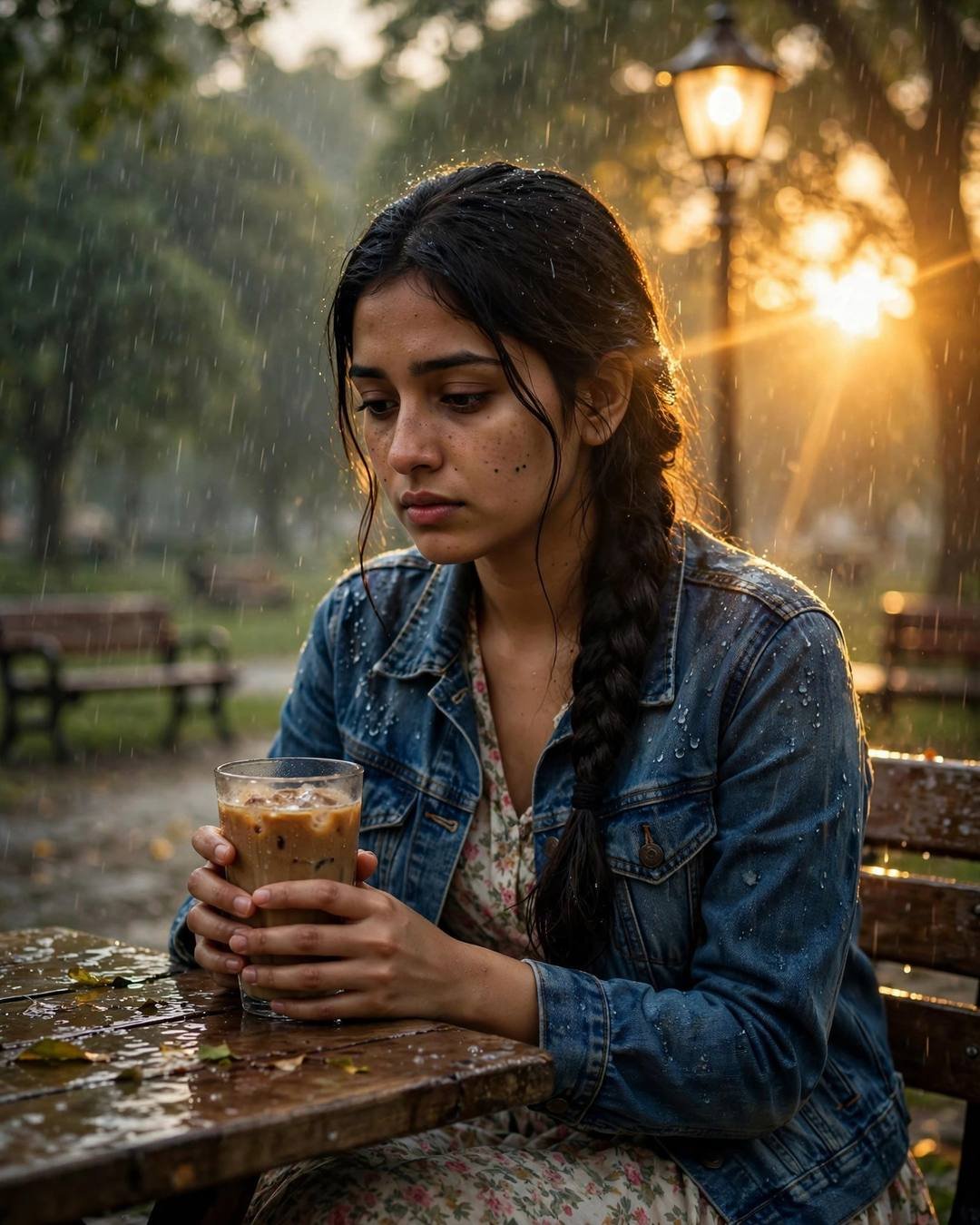 Young Indian woman with a long braid, denim jacket over floral dress, cradling a cold coffee at a cafe table in the park, lone lamp glowing in golden-hour drizzle
