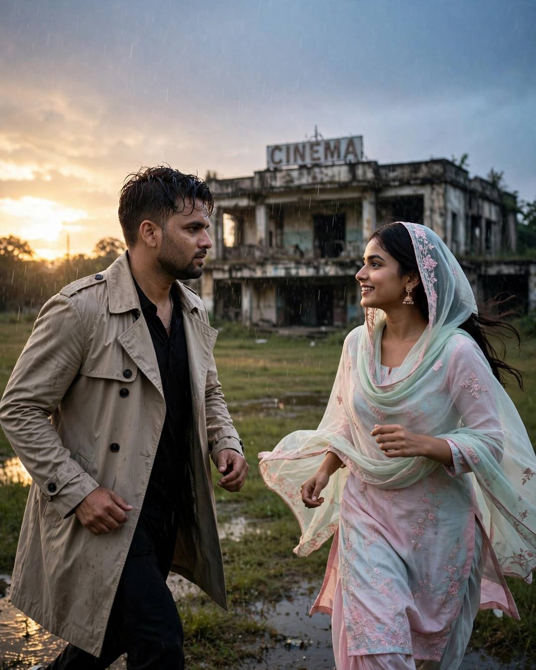 Young Indian man in a beige trench coat and woman in pastel salwar-kameez running toward each other before an abandoned cinema hall