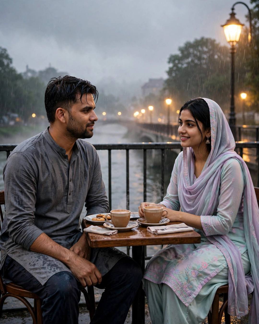 Young Indian couple sharing coffee at a small table on a rain-wet bridge, grey kurta and pastel salwar-kameez