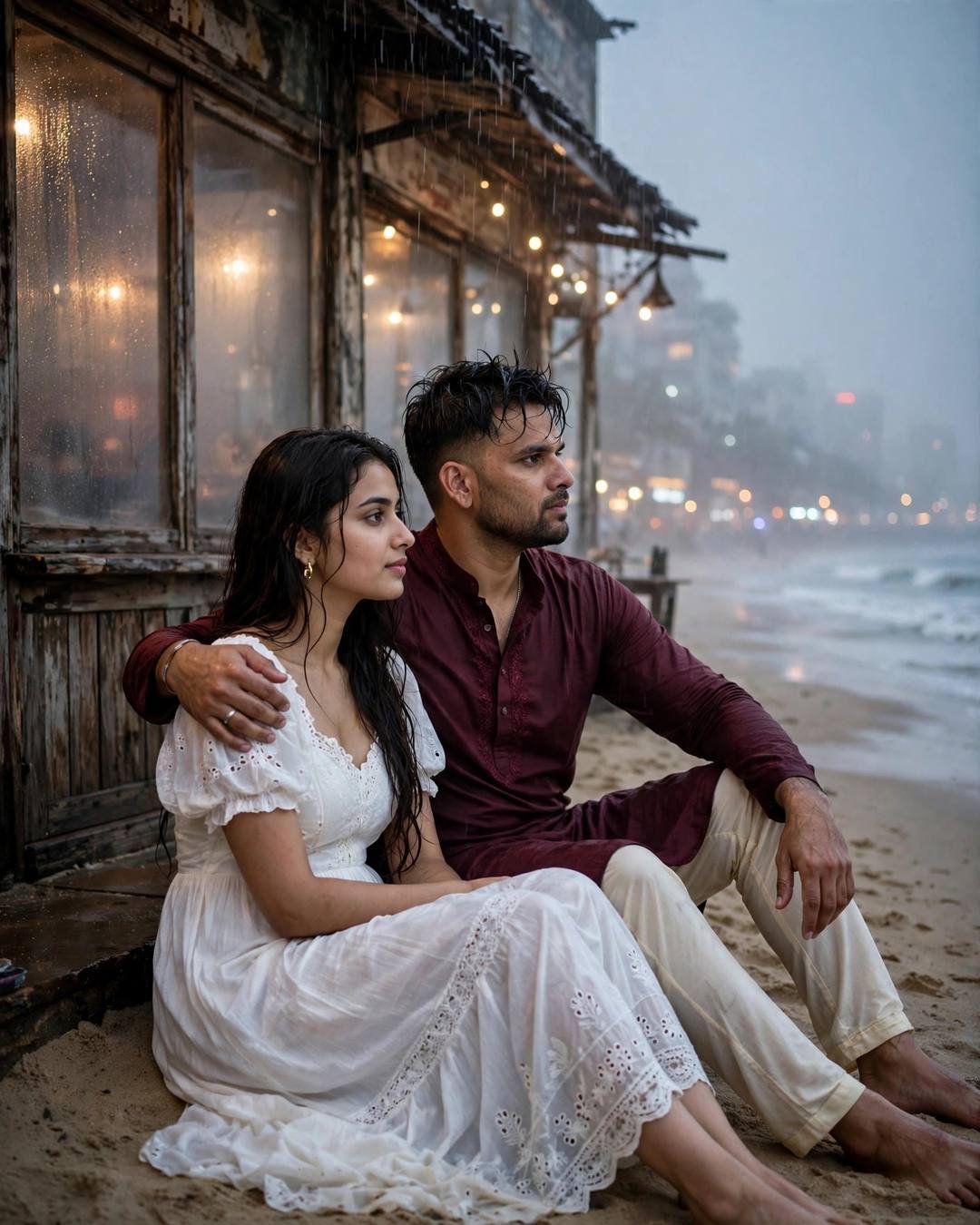 Young Indian couple sitting on rain-wet sand outside an old beach cafe, his arm around her, maroon kurta and white dress