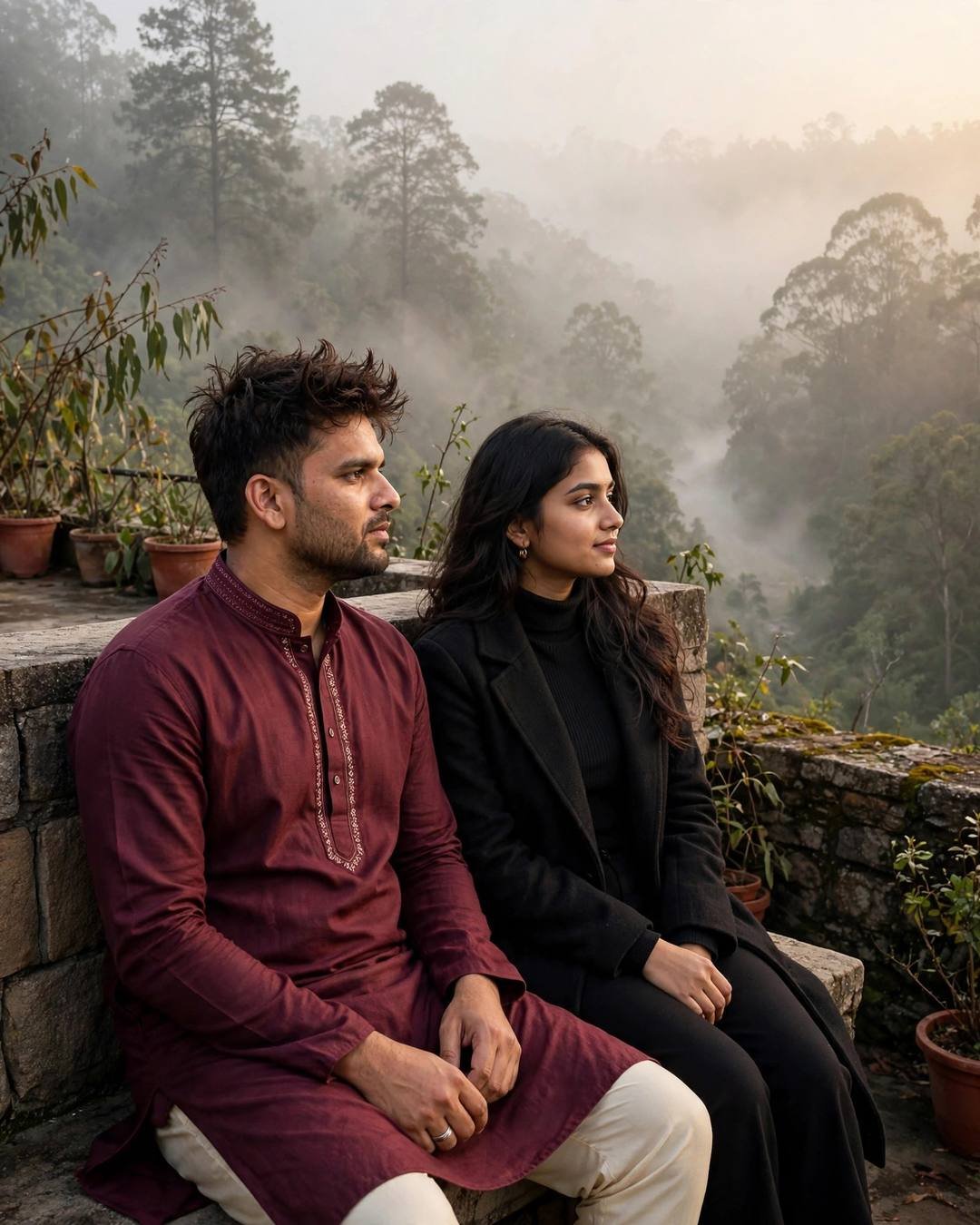 Young Indian couple sitting side by side against a stone wall at dawn overlooking a foggy forest, maroon kurta and black coat