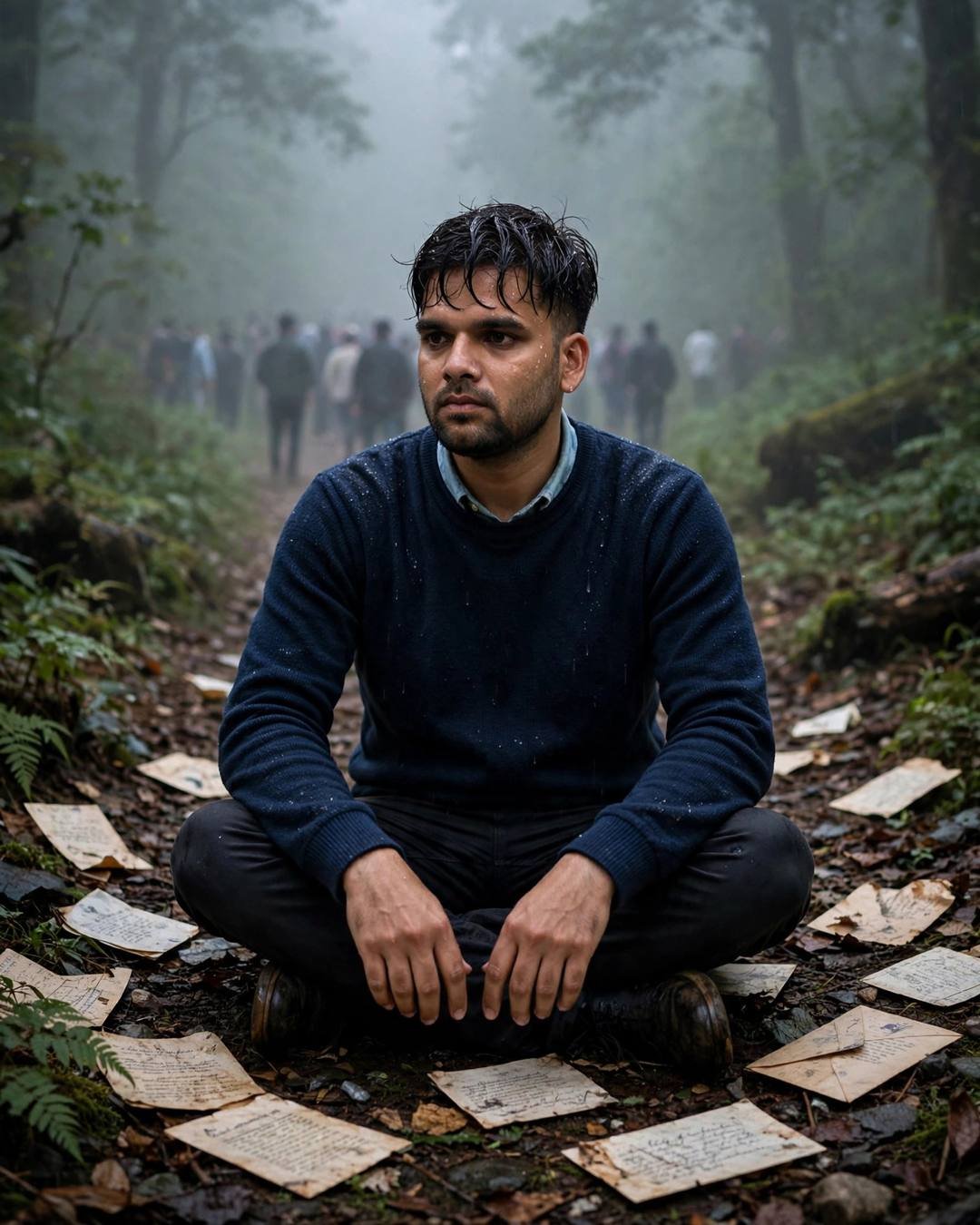 Talking to the moon from his terrace — navy sweater over collared shirt, damp rain-wet hair, sitting cross-legged on the floor surrounded by old letters at misty forest path; dense fog, late evening w