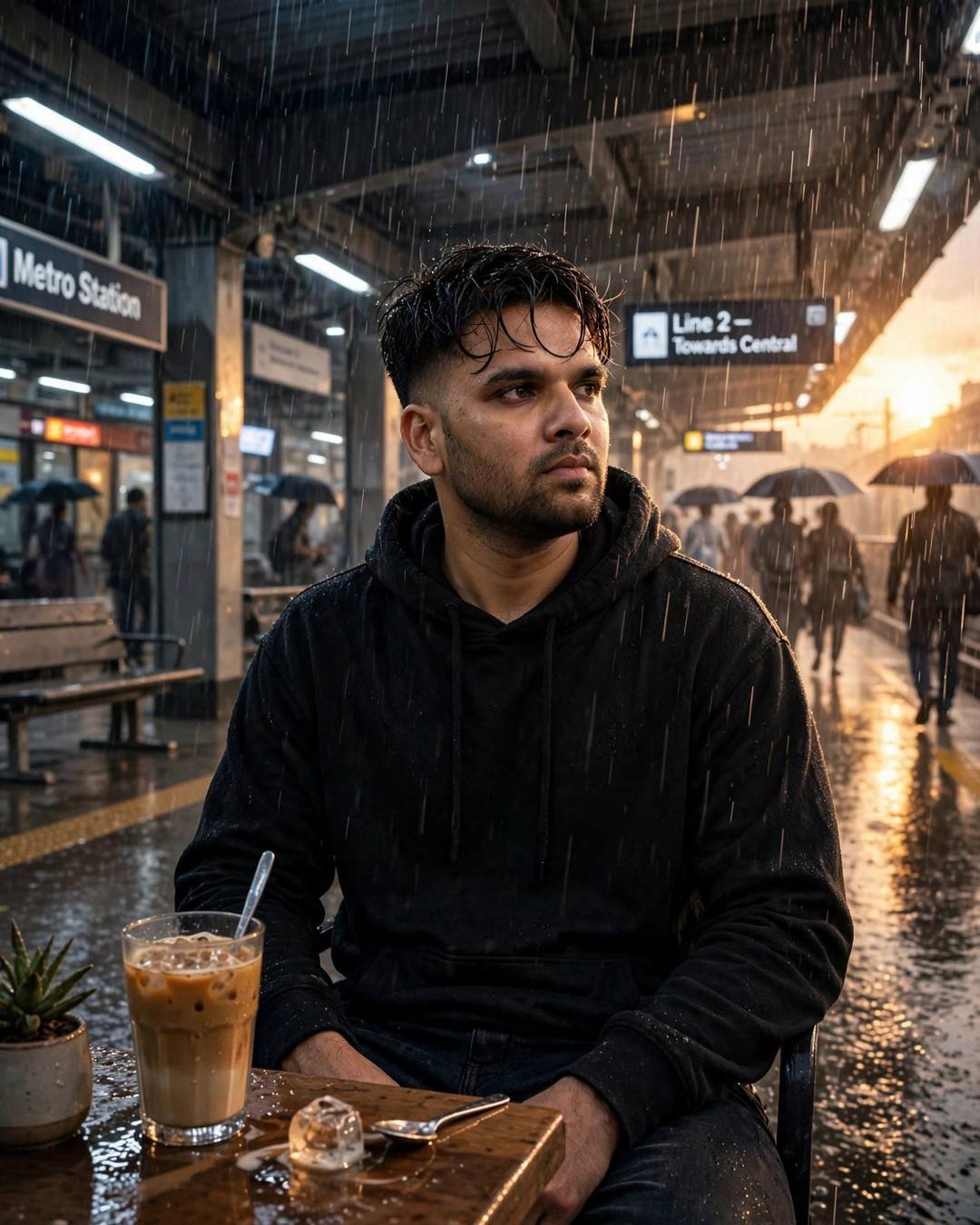 A single diya on his balcony on — black oversized hoodie and dark jeans, damp rain-wet hair, sitting at a cafe table, cradling a cold coffee, lost in thought at midnight metro station; heavy monsoon r