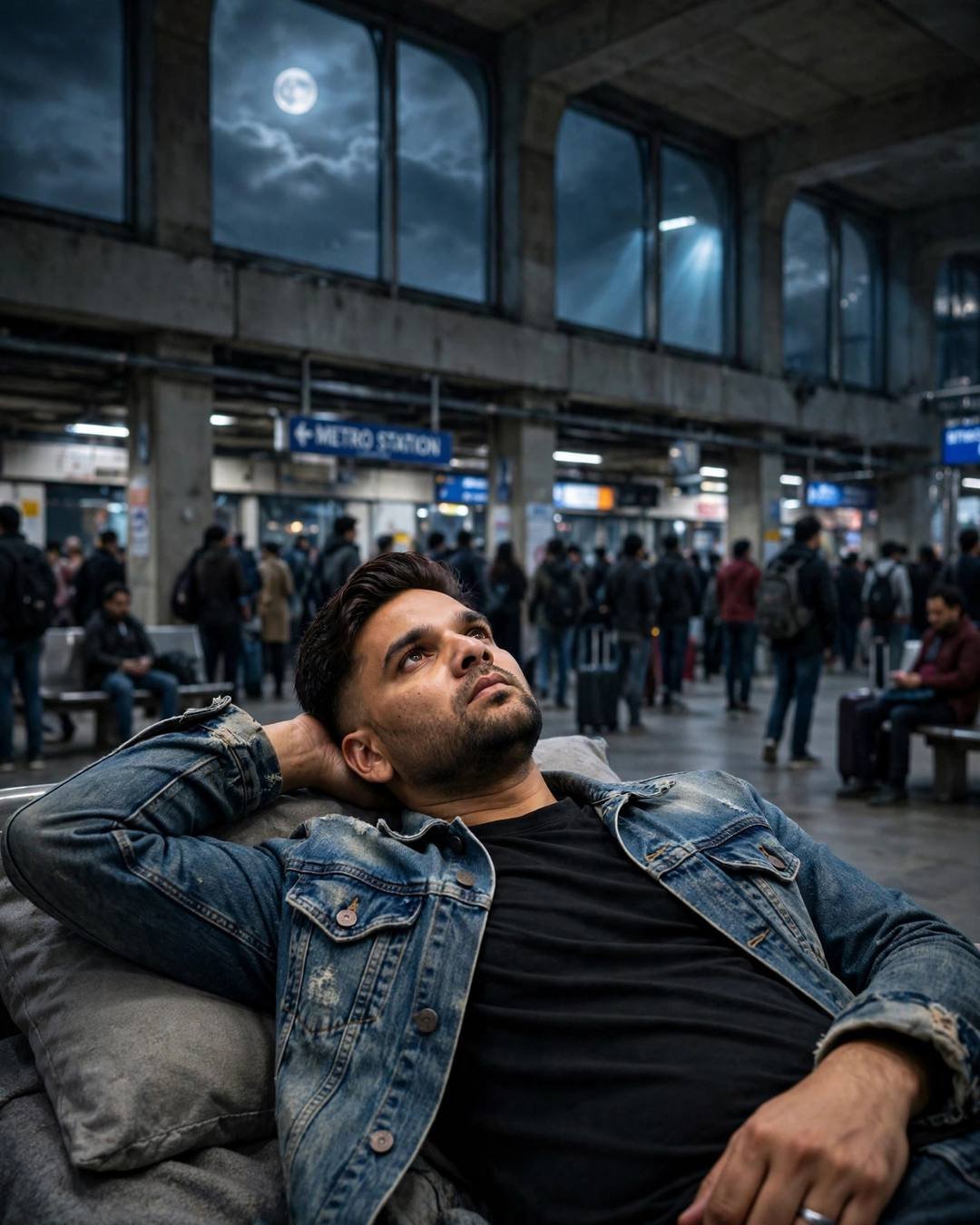 Eating alone at a dhaba while families — distressed denim jacket over black tee, neatly combed side part, lying on the bed staring at the ceiling, one arm behind head at midnight metro station; overca