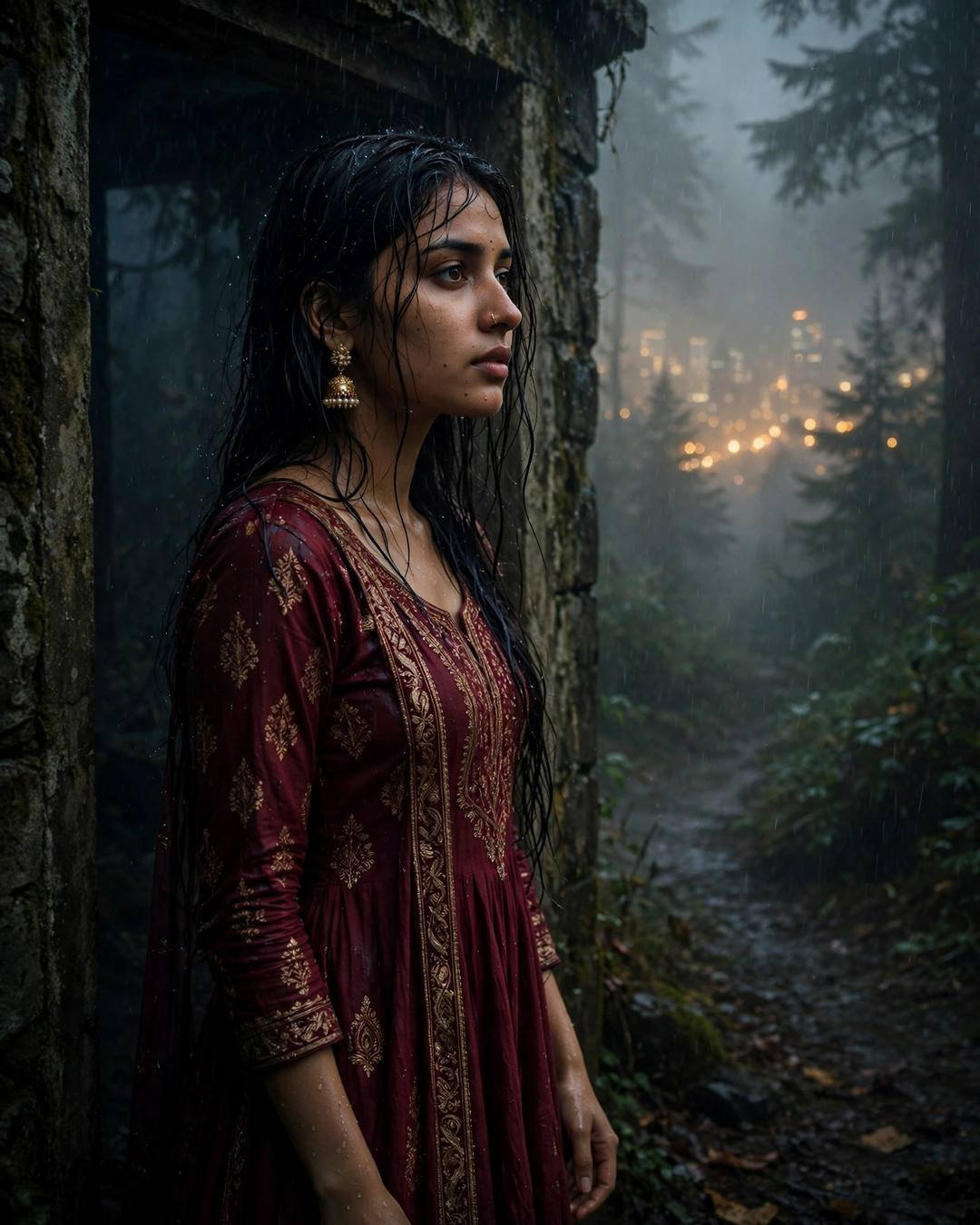 Watching fireworks alone from her balcony — maroon anarkali with jhumkas, wet hair clinging softly, standing in a doorway, half in shadow at misty forest path; dense fog, midnight with rain-diffused c