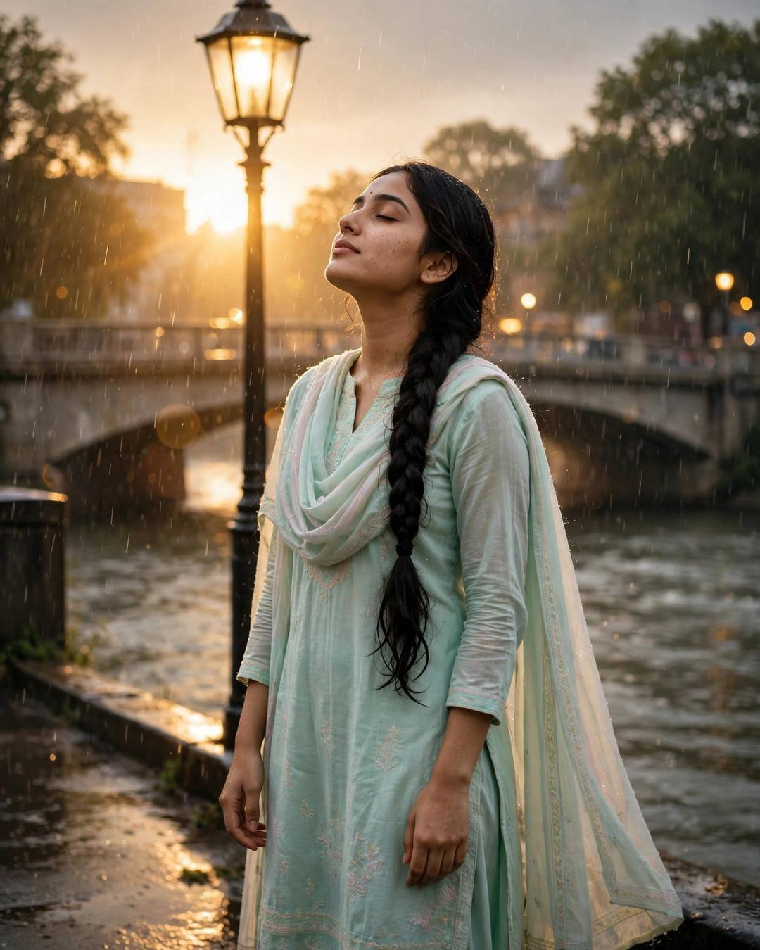 A journal full of unsent letters — pastel salwar-kameez with dupatta, long braid over one shoulder, standing under a streetlamp in the rain, face lifted to the sky at bridge over a slow river; drizzle