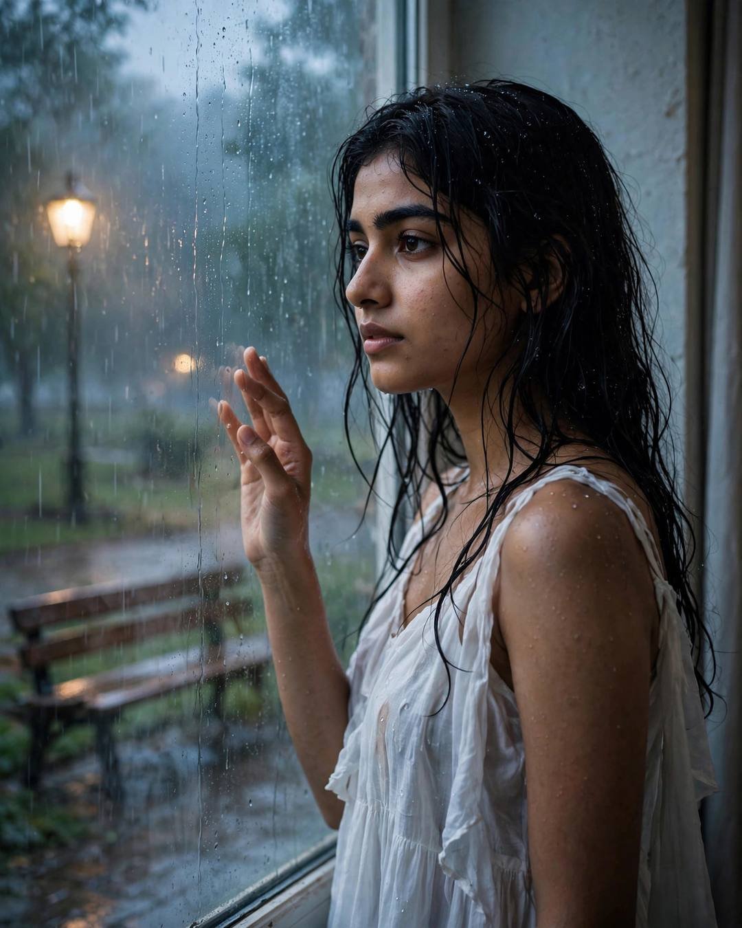 A window seat in an empty classroom — flowing white summer dress, wet hair clinging softly, standing at a rain-streaked window, one hand on the glass at park bench under a lone lamp; drizzle, dawn wit