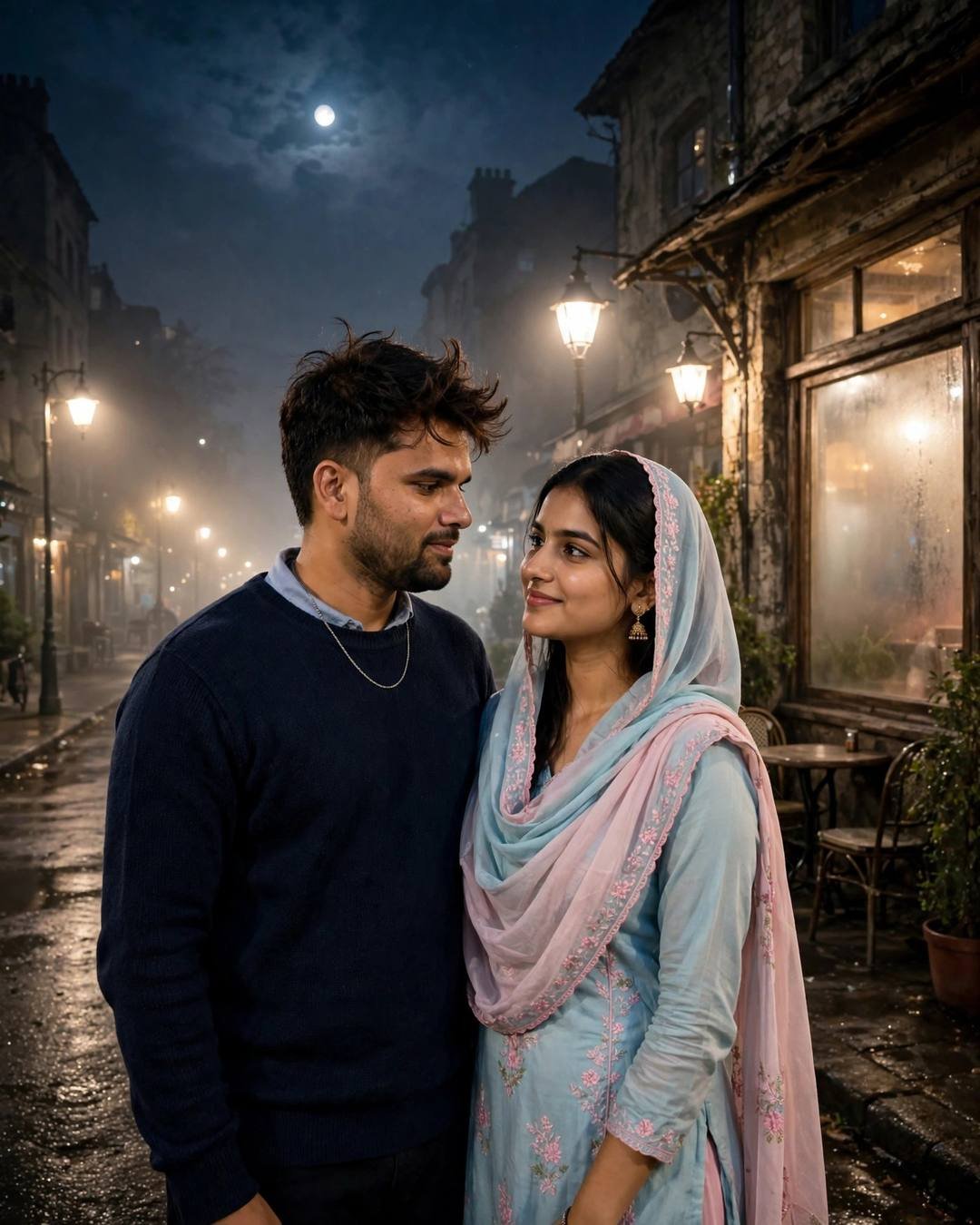 Young Indian couple standing close under moonlight on an empty street beside an old cafe, navy sweater and pastel salwar-kameez