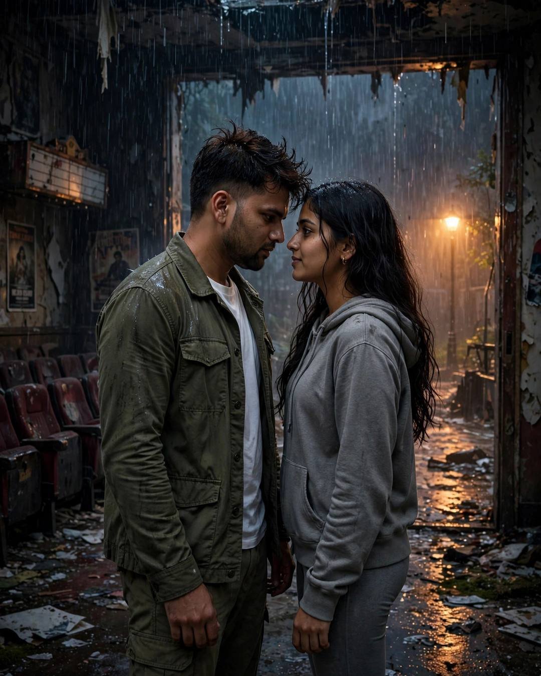 Young Indian couple standing face to face in a rain-soaked abandoned cinema hall, olive jacket and grey hoodie