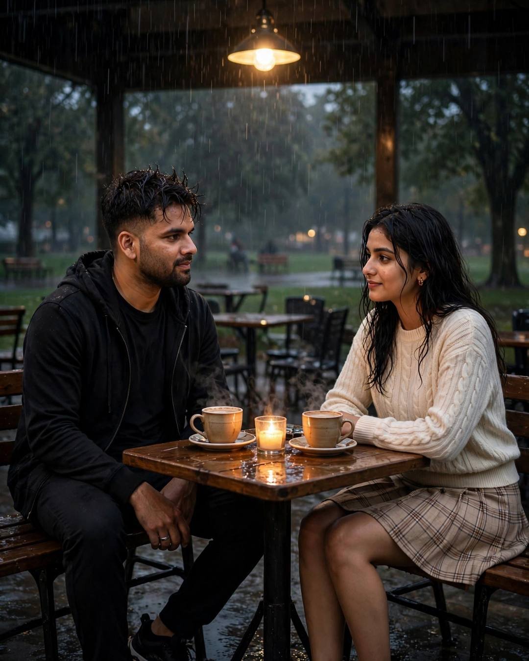 Watching the same movie apart, synced by — all-black streetwear with sneakers, towel-dried tousled hair, sitting across a small cafe table, hands almost touching over cups at park bench under a lone l