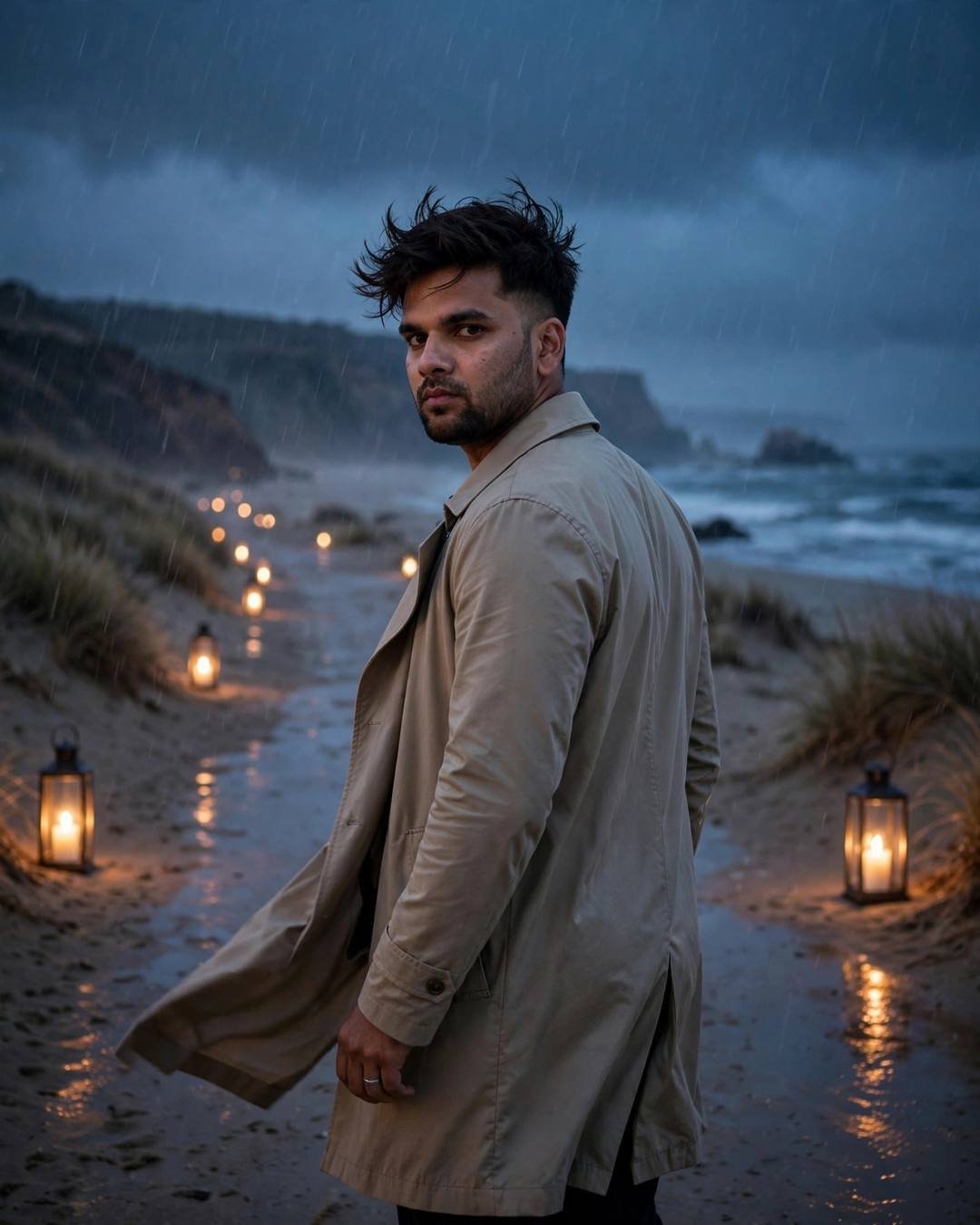 Young Indian man in a beige trench coat walking a lantern-lit beach path at dusk in the rain, looking back over his shoulder