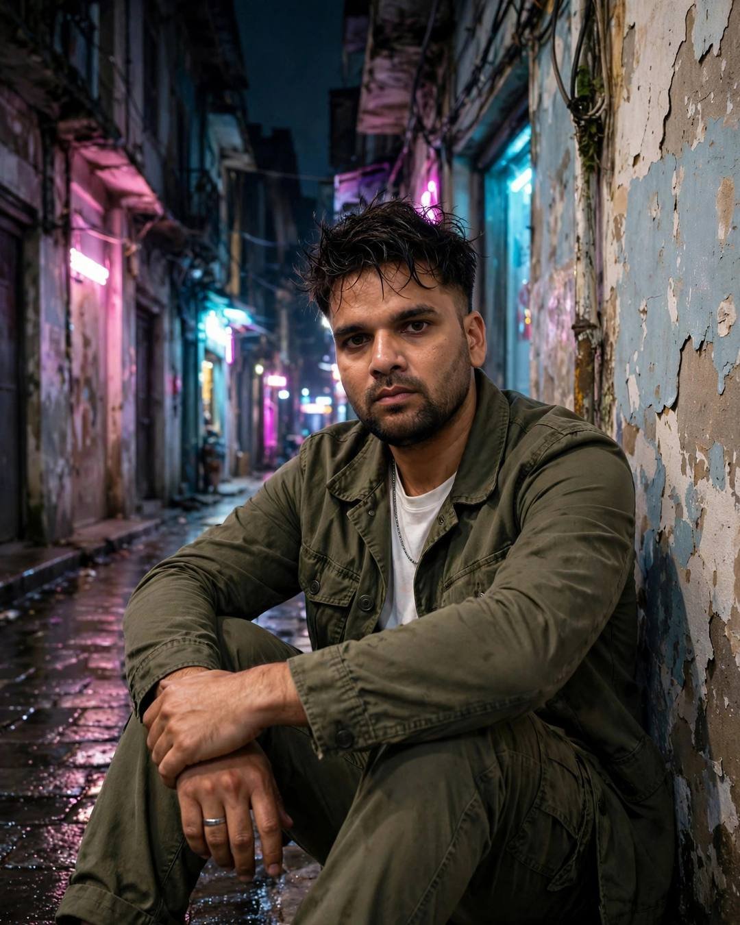 Young Indian man in an olive field jacket sitting with knees drawn up in a neon-lit old-city lane at night