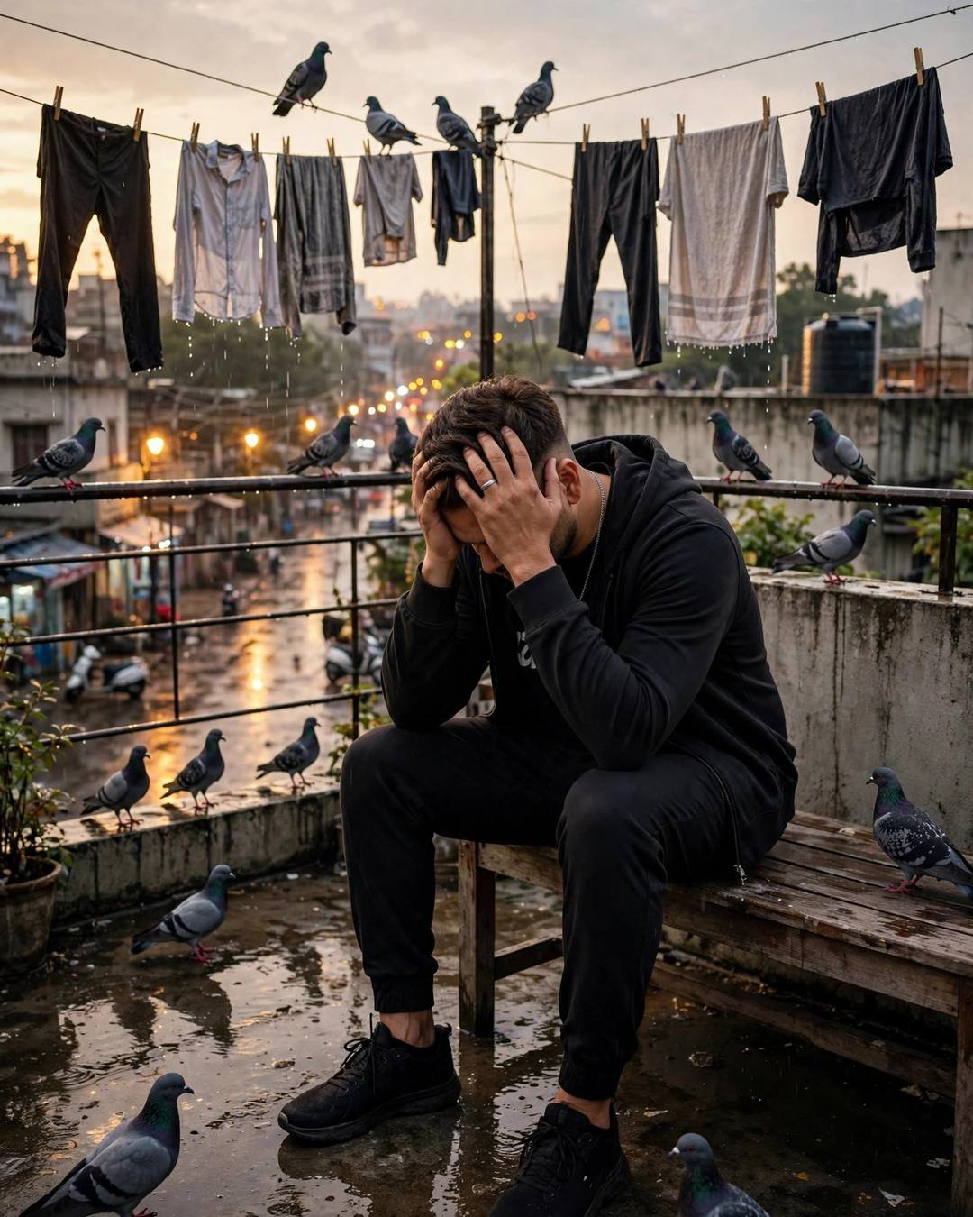 Young Indian man in all-black streetwear sitting on a bench with head in hands on a rain-wet terrace surrounded by pigeons