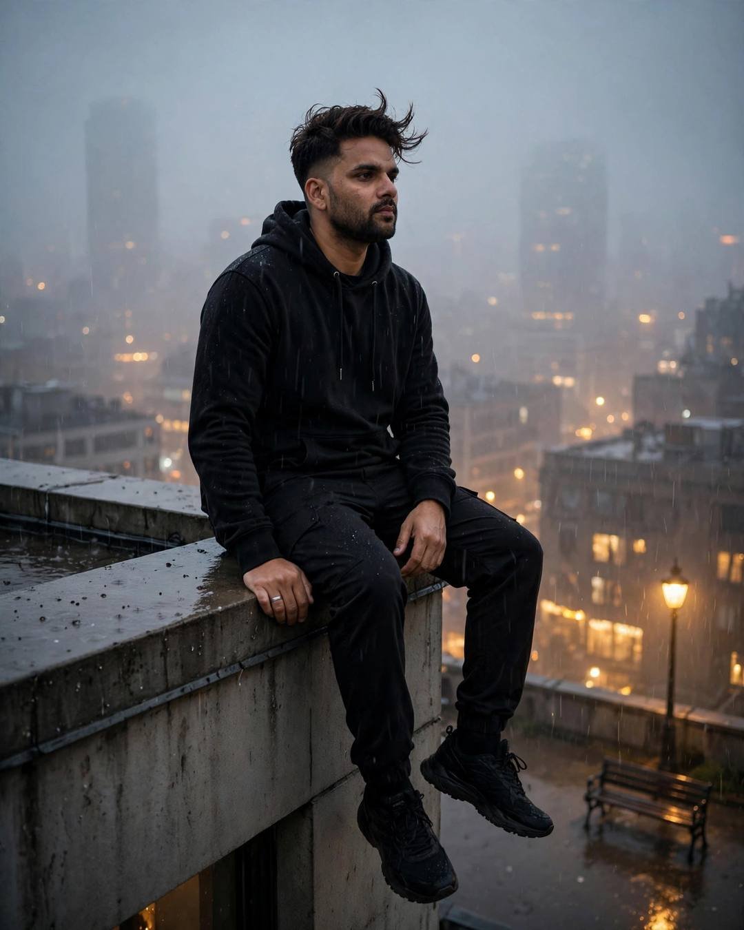 Young Indian man in black streetwear sitting on a rooftop ledge with legs dangling over a foggy rain-wet city