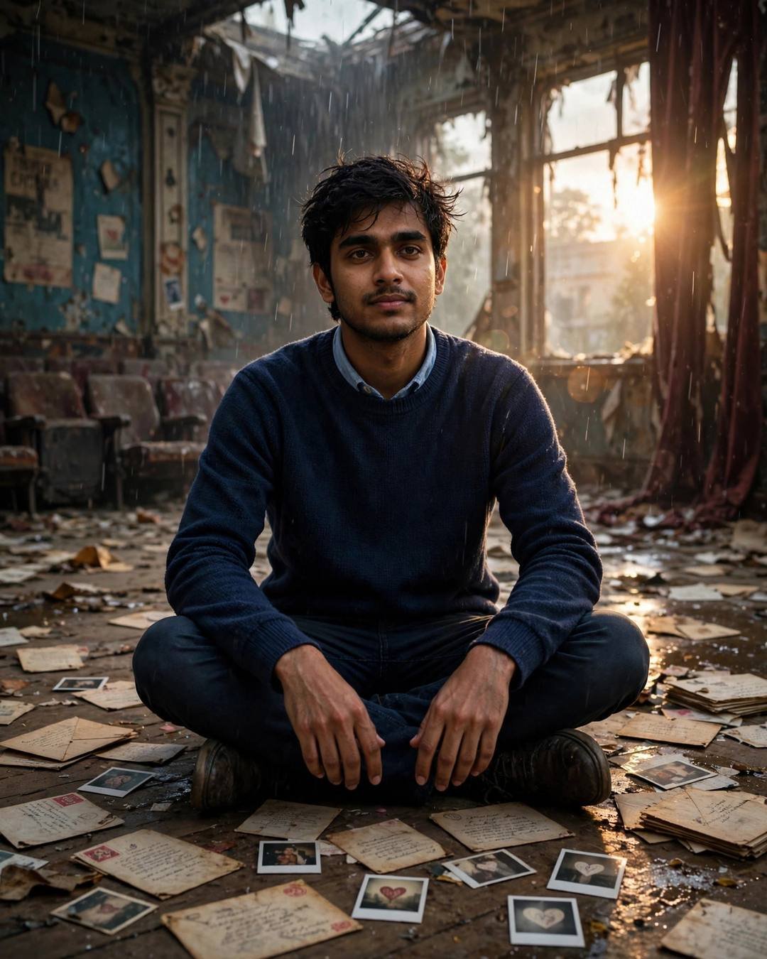 Cinematic AI photo: An old shoebox of photos on his (Memories)