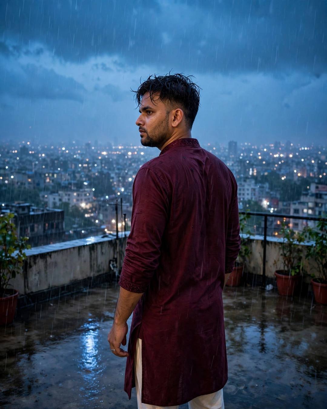 Young Indian man in maroon kurta standing on a rooftop in heavy monsoon rain, back to camera, looking over his shoulder at sleeping city lights, blue hour