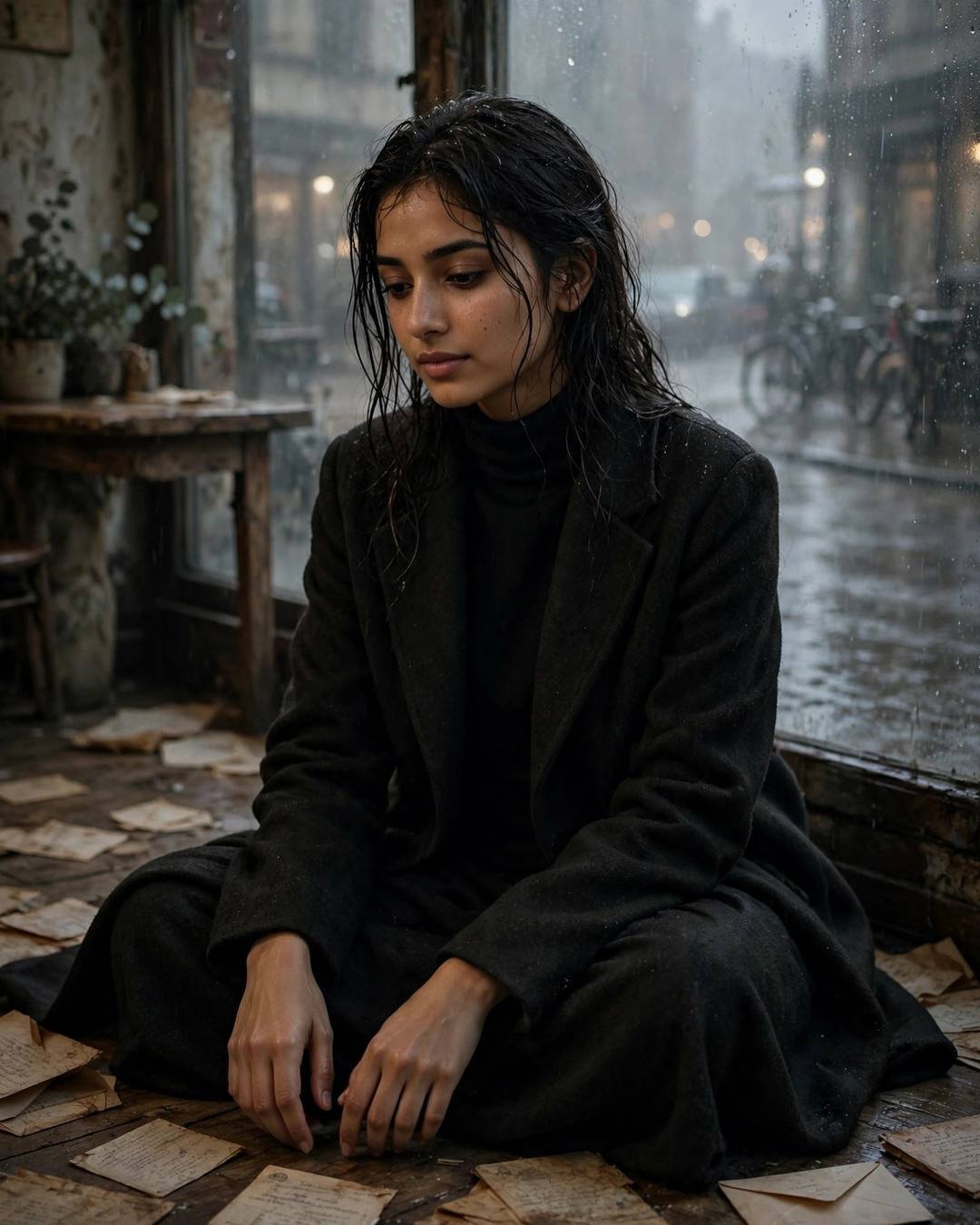 Cinematic AI photo: Mascara slightly smudged, unbothered (Moody Girl)