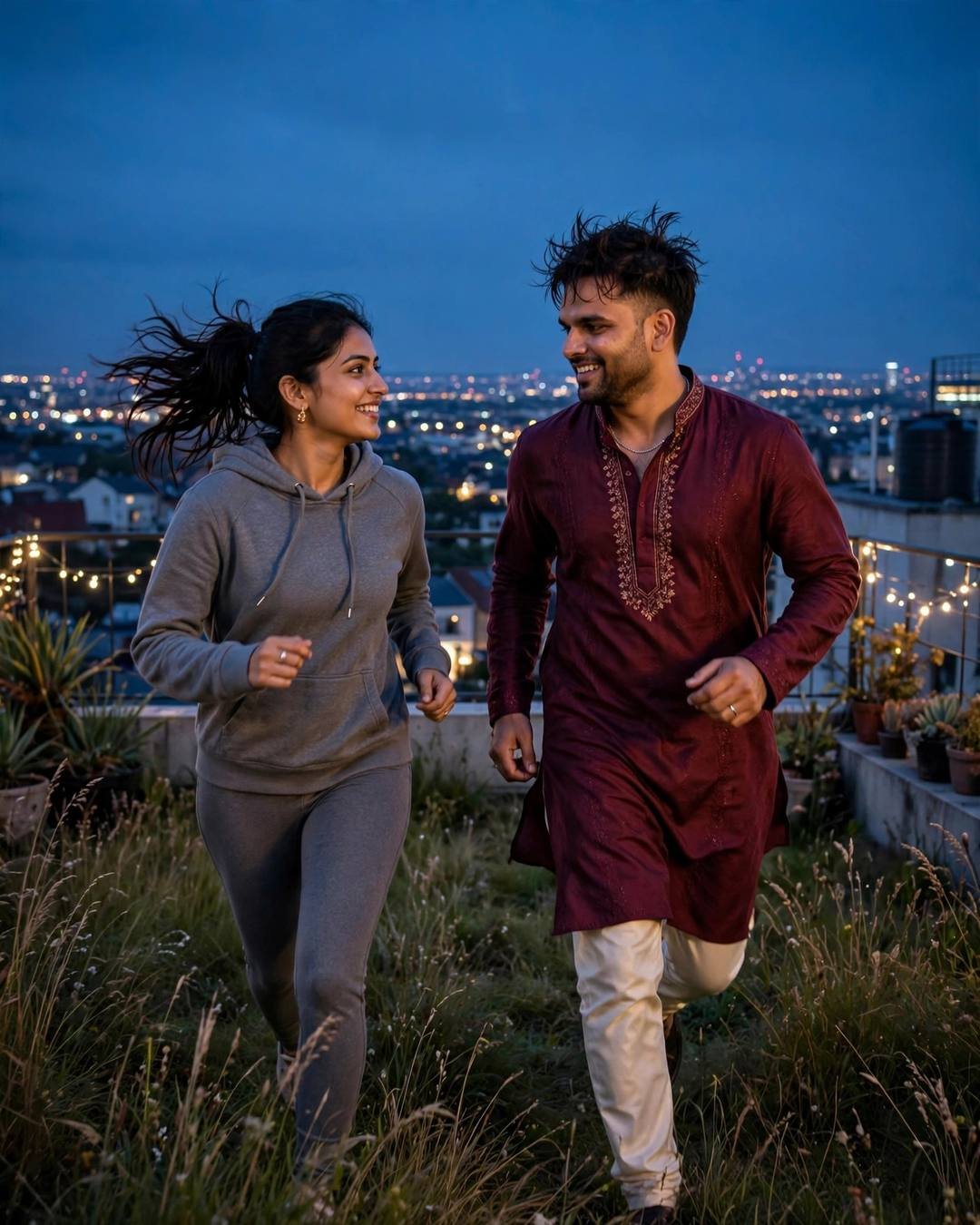 Couple running toward each other across a rooftop garden at night, laughing